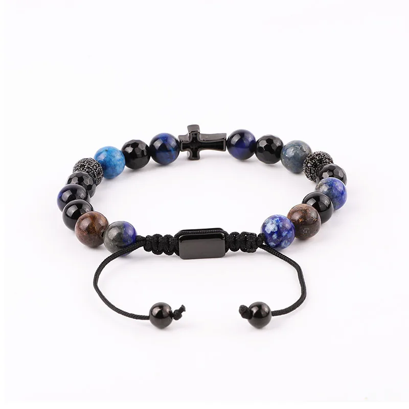 High Quality CZ Pave Cross Charm Natural Stone Black Agate Tiger Eye Bronze Stone Beaded Custom Macrame Bracelet Men Women - Image 4