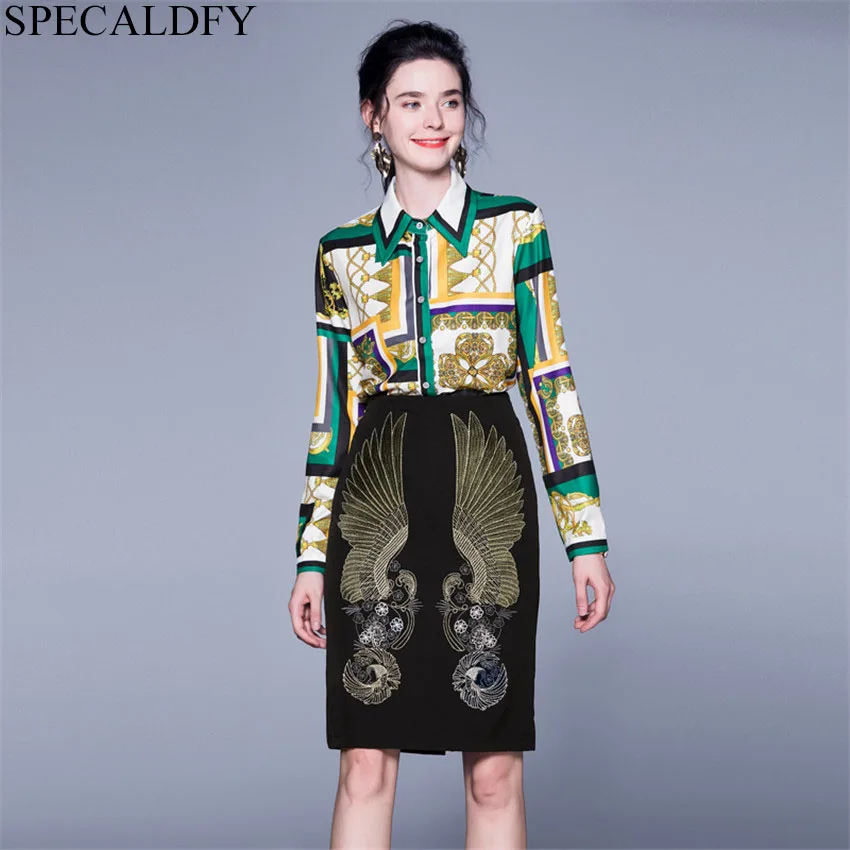 

2019 Fall 2 Piece Outfits For Women Two Piece Skirt Set Designer Runway Sets Vintage Long Sleeve Shirt Midi Bodycon Skirt Suits