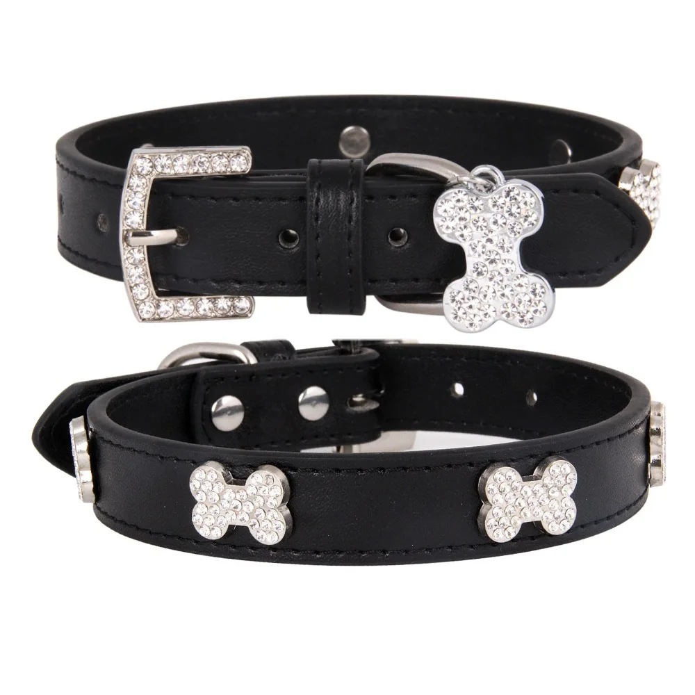 Pet Leather Dog Collar With Diamond bone Adjustable Dogs Cats Collars Control Handle Training Pet Cat Dog Collar Pet Supplies