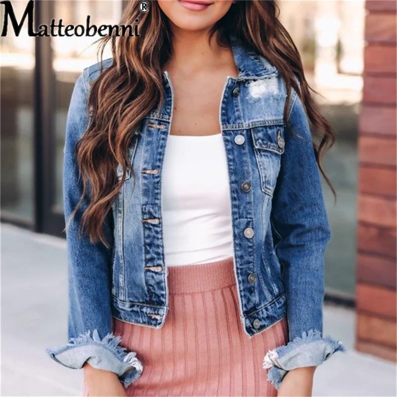2021 Spring Autumn Women Sexy Ripped Denim Jackets Vintage Casual Short Jean Jacket Puff Sleeve Winter Female Coat Streetwear