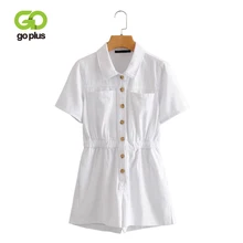 GOPLUS Office Ladies White Playsuit Elegant Cotton Button Elastic Waist Summer Jumpsuits Women Romper Short Sleeve Denim Overall
