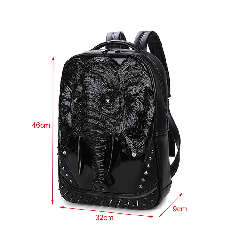 3D стереоскопический рюкзак с головой слона мужской персональный заклепки mochila черный водонепроницаемый PU кожаный mochilas