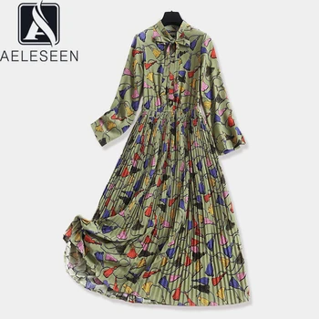 

AELESEEN Runway Dresses 2020 Women High Quality Fashion New Long Sleeve Tassel Print Bow Elegant Party Pleated Chiffon Dress