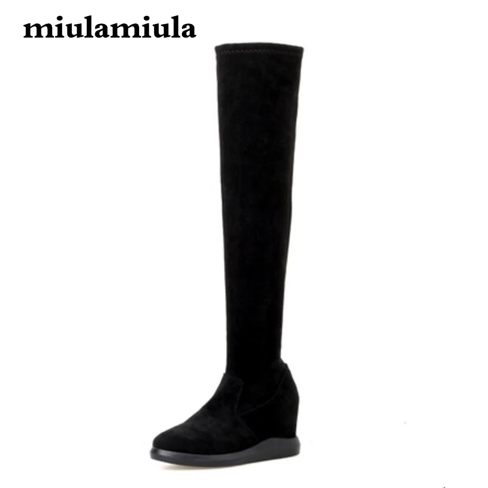 Miulamiula/новые зимние женские сапоги высокие для верховой езды Стрейчевые замшевые