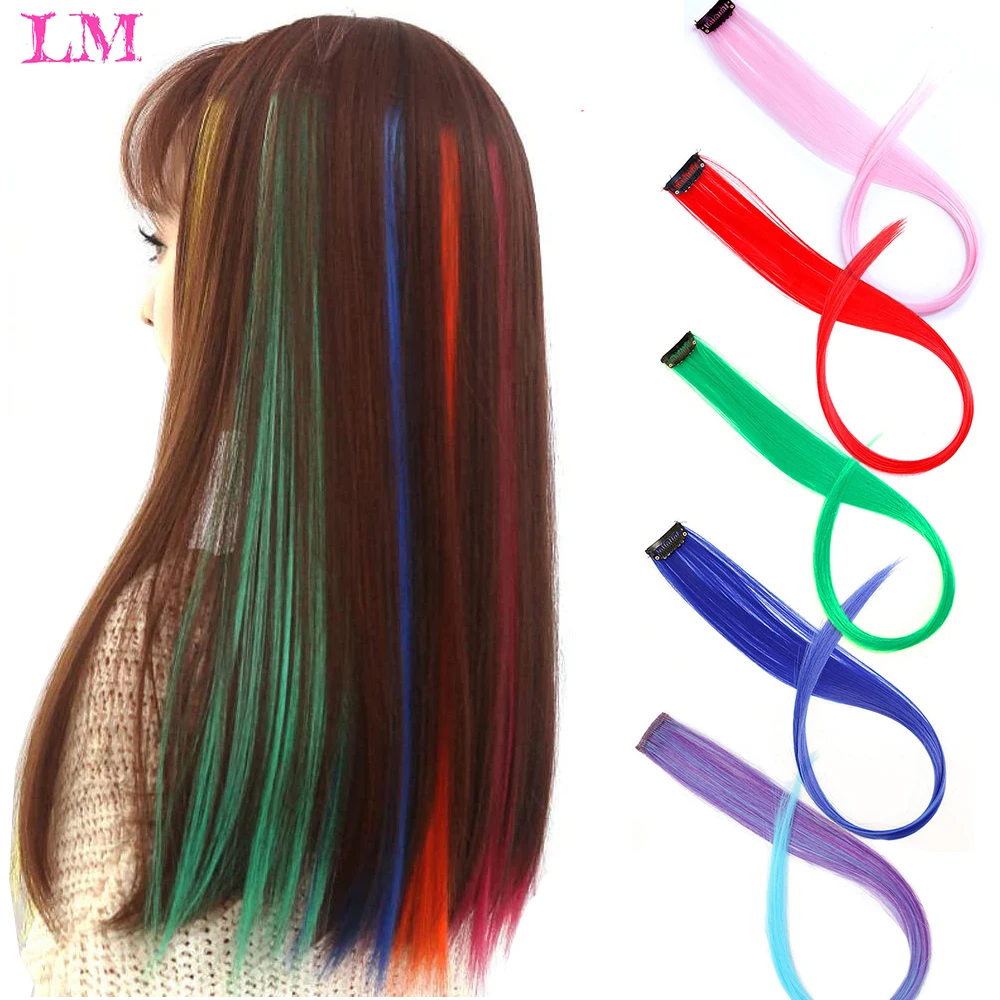 

LM Long Straight Rainbow HairPiece Hair Extensions Clip In Hair Streak Pink Synthetic Hair Piece Strands on Clips