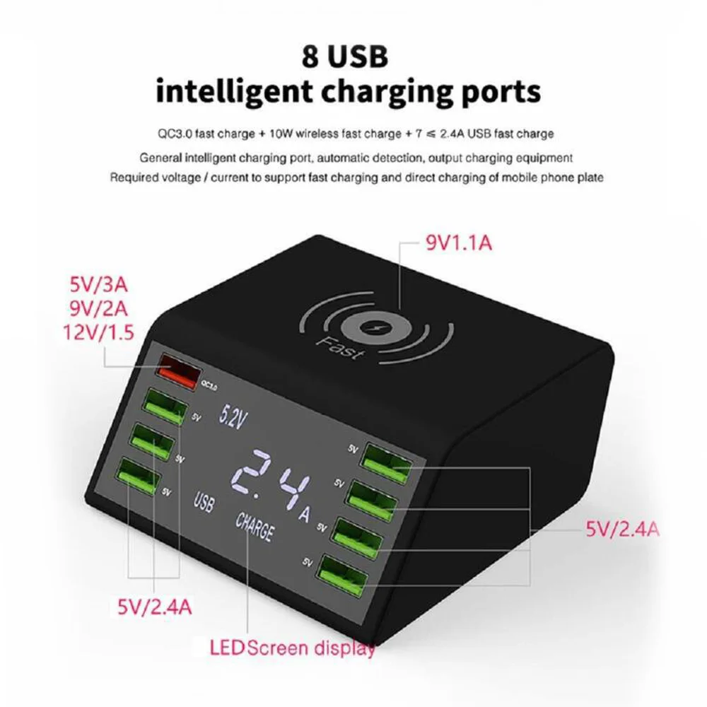 

8 Ports QI wireless fast charger quick charge station led display mobile phone wall usb charger for iphone 6 7 8 7plus X xiaomi