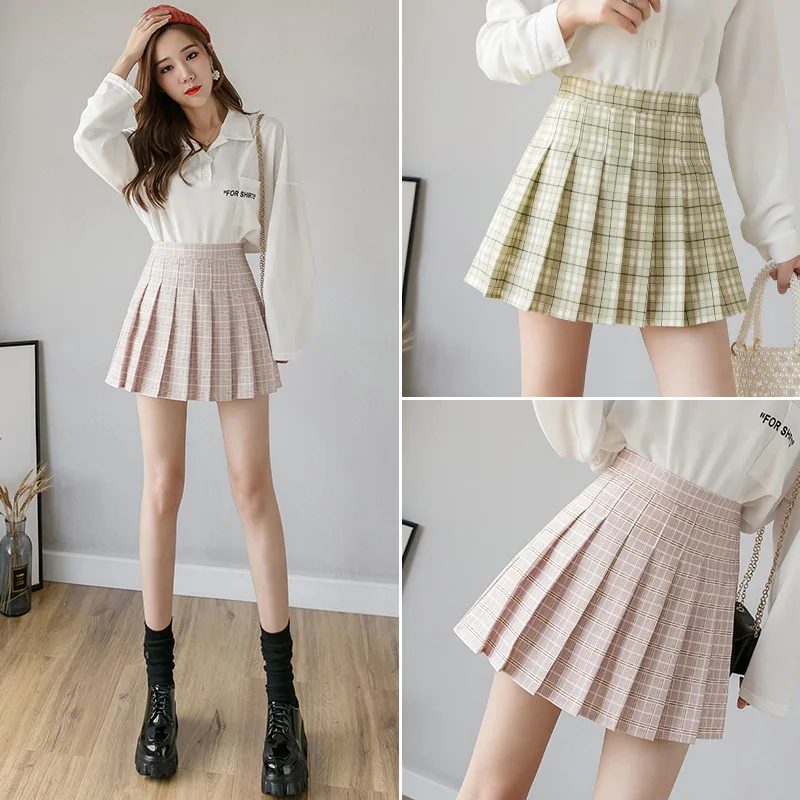 

summer autumn high waist Pleated skirt women's mini ruffle checkered yellow bodycon kawaii college street style fruit green