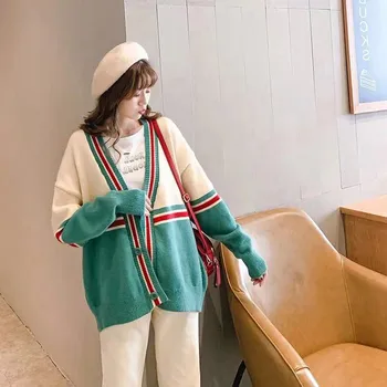 

Winter Autumn Sweater Women Loose Retro Coloured Knitted Cardigan Female 2019 Lazy Stly V-neck Long Cardigan Women Coat