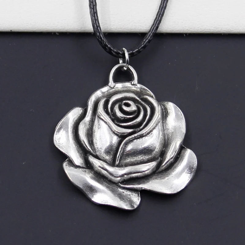 

Fashion Rose Flower Tibetan Silver Color Pendant Necklace Choker Charm Black Leather Cord Factory Price Handmade Gift