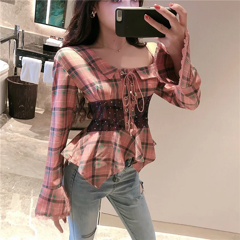 New Arrival 2019 Women Vestidos Vintage plaid contrast ruffle off shoulder sling Blouse lady sexy candy color Blusas Tops A25 |