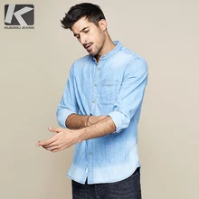 KUEGOU осень хлопок синяя джинсовая рубашка мужская одежда на пуговицах Повседневная приталенная с длинным рукавом для мужчин Модная брендовая блузка 6214