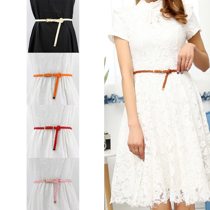 

2019 Fashion Womens Vivid Braided Casual PU Leather Narrow Thin Buckle Strap Waist Belt Candy Skinny Waistband Belt For Women