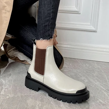 

Luxury 2020 Autumn Women Chelsea Boots Genuine Leather Low Heels Ankle Boots Contrast Color Comfort Daily Shoes Female