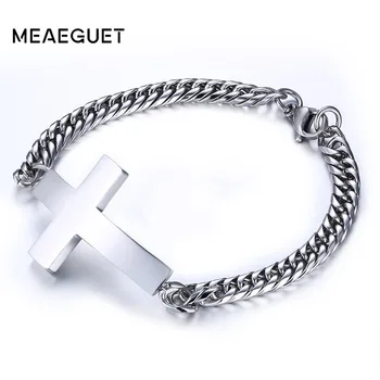 

Mens Sideways Cross Bracelet Bangle Stainless Steel Chains Link Silver Color Faith Christian Jewelry For Male Gift