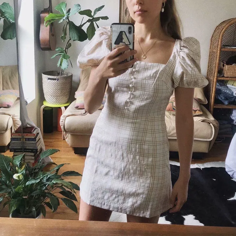 

MosiMolly trendy cotton plaid dress square neck button front mini dress 2020 female vestidos