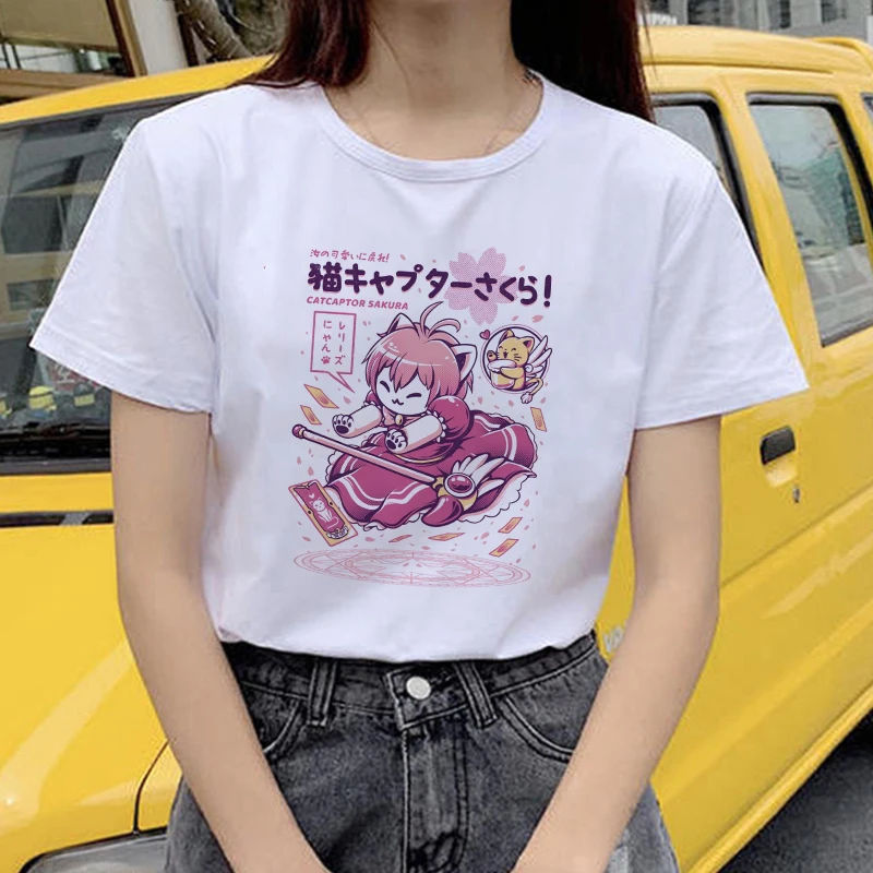 Showtly Catcaptor Сакура милый кот Для женщин футболка с коротким рукавом с изображением мультгероев футболки kawaii футболка женский Harajuku короткий рукав весело кепки, кепки в стиле футболка