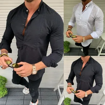 

Retro Men's Shirts Mandarin Collar Men's Long Sleeve Casual Fit Slim Shirt Blouse Solid chemise homme рубашка мужская Male Shirt
