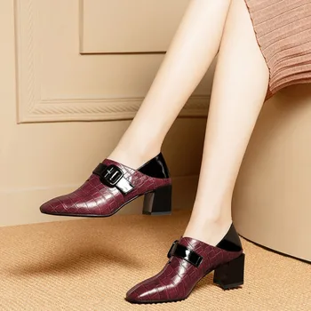 

MLJUESE 2020 women pumps Cow leather autumn spring wine red color square toe buckle strap high heels party dress size 34-42