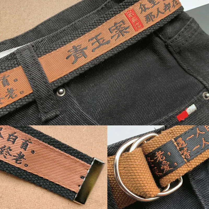 Модный пояс из парусины для мужчин и женщин, джинсы Harajuku с китайскими персонажами, ремень с двойным кольцом и пряжкой, белый пояс Z30