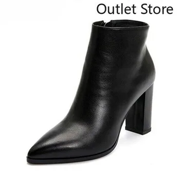 

New Autumn Winter Fashion Leather Ankle Boots Women High Heel Pointed Toe Leather Short Zip Sexy Shoes Horseshoe Heel Femal