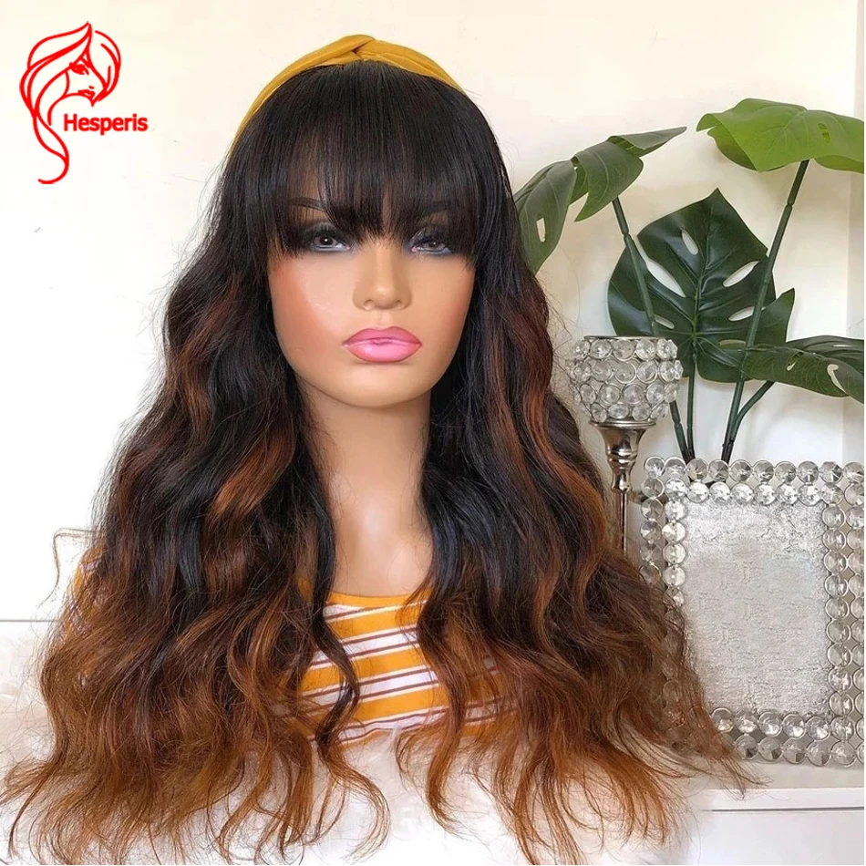 Hesperis Brown Ombre Human Hair Wigs With Bang Brazilian Remy Loose Wave Full Machine Made Scalp Top Wigs With Bang For Women