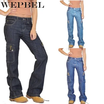 

Wepbel Plus Size Women's Jeans Patch Pockets Zipper Decorative Overalls Jeans Elasticity Long Denim Pants Street Style Trousers