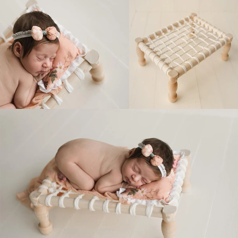 Newborn Photography Props  Handmade Hemp Rope Bed Full-moon Baby Photo Props Shooting Accessories Wooden Bed New Design Creative