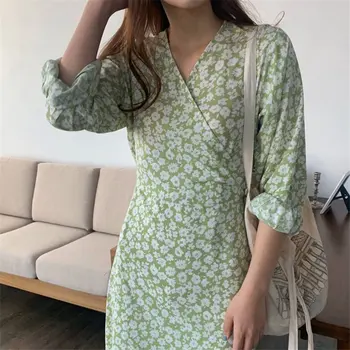 

HziriP Preppy Style All Match Florals Lady Brief Slim Fashion 2020 Chic Retro V-Neck Print Women Summer Vintage Long Dresses