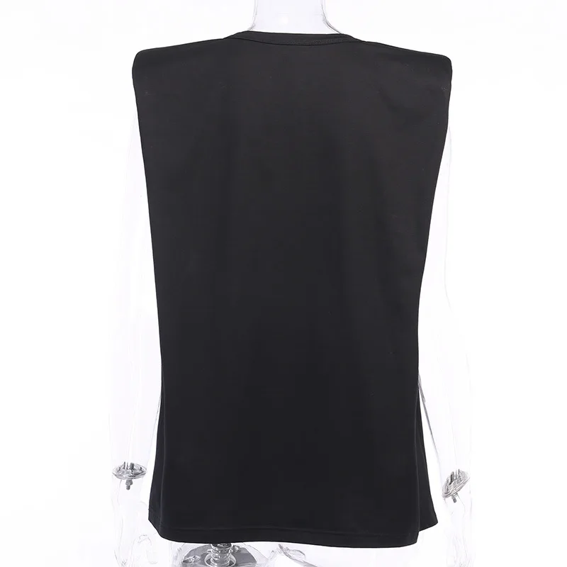 Viifaa White T Shirt with Shoulder Pad Sleeveless Round Neck Summer Tshirt Women Casual Loose Office Ladies Tops