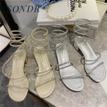 

Summer Women Sandals 2020 Fashion Sexy Rhinestone Mid Heel Lace-up Party Breathable Comfort Shopping Female Walking Casual Shoes