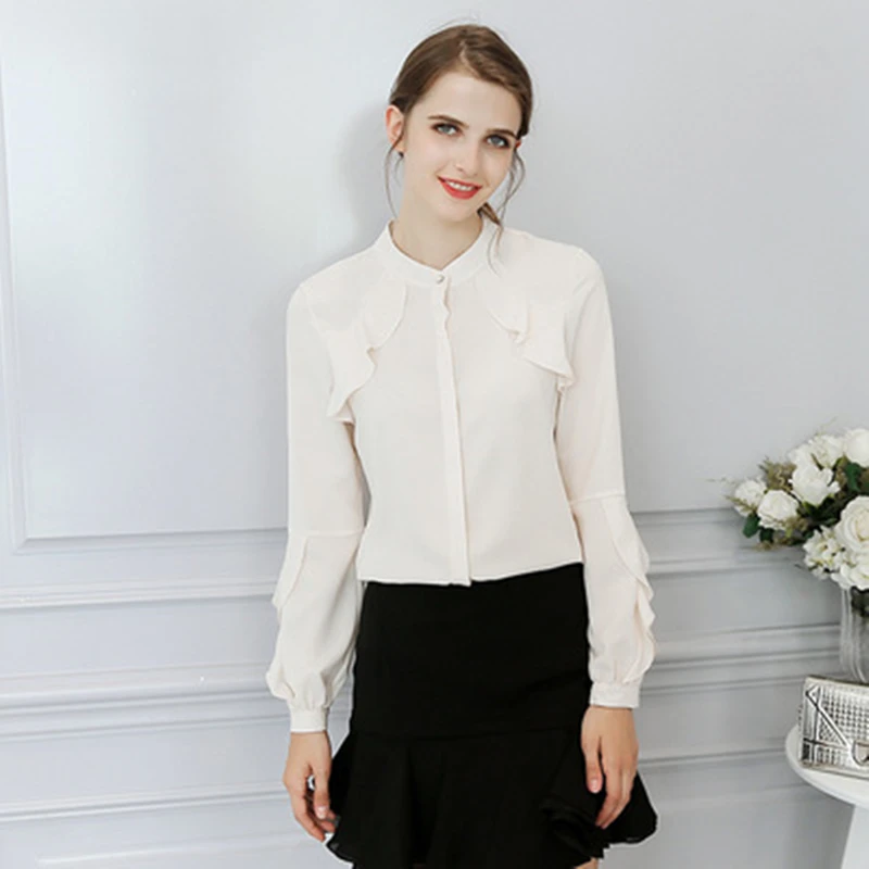 

2020 New Spring Women High Quatily Solid Blouse Ladies Loose Commute O-Neck Shirts Female Leisure Chiffon FashionTops LT176