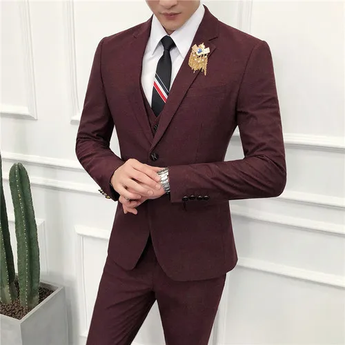High-end Мужские двубортная куртка, комплект из 3 предметов: обтягивающий официальный Брюки жилет E4 - Цвет: Wine Red1