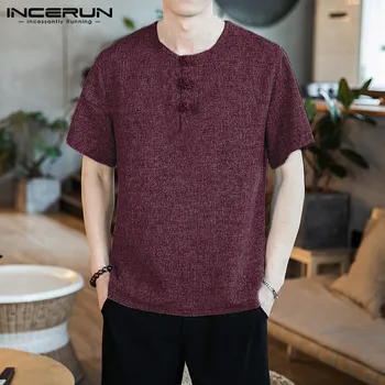 

INCERUN Vintage Men Shirt Short Sleeve Streetwear Button 2020 O Neck Chinese Style Camisa Solid Color Brand Mens Casual Shirts