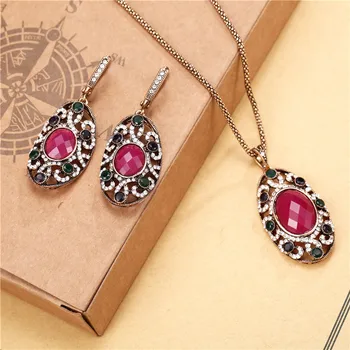 

CSHOU99 FASHION Jewelry Set Red Crystal Water Drop Pendant Necklace Earrings Set