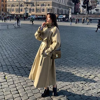 

British Style Mid-length Windbreaker Women 2020 New Spring Autumn Korean Casual Loose Double Breasted Khaki Trench Coat Ladies