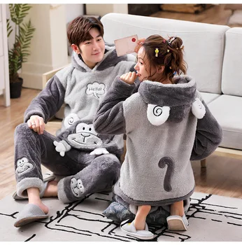 

Women Men Winter Couple Pajamas Set Cute Cartoon Sleepwear Hooded Thicken Christmas Female Warm Sleep Suit Flannel Men Homewear