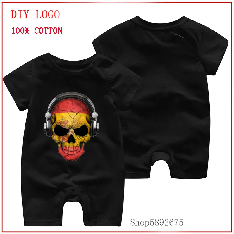 100% Pure cotton and comfortable clothes Dark Skull Deejay with a Spanish Flag designed short sleeved Newborn baby romper |