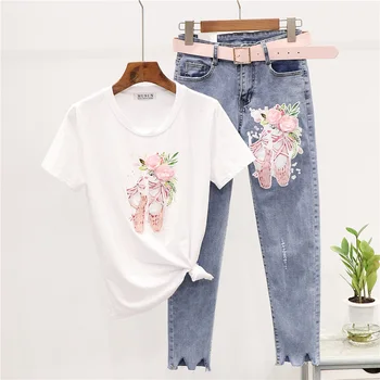 

Women Set 2020 Summer Fashion Bead Crystal Shoe Print Short sleeve T shirt + Vintage Little feet Jeans Two Piece Set Women H013