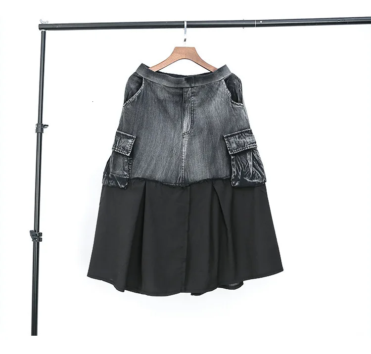 TVVOVVIN New Spring Summer High Waist Black Denim Mesh Split Joint Hit Color Stitch Loose Skirt Women Fashion Tide V844