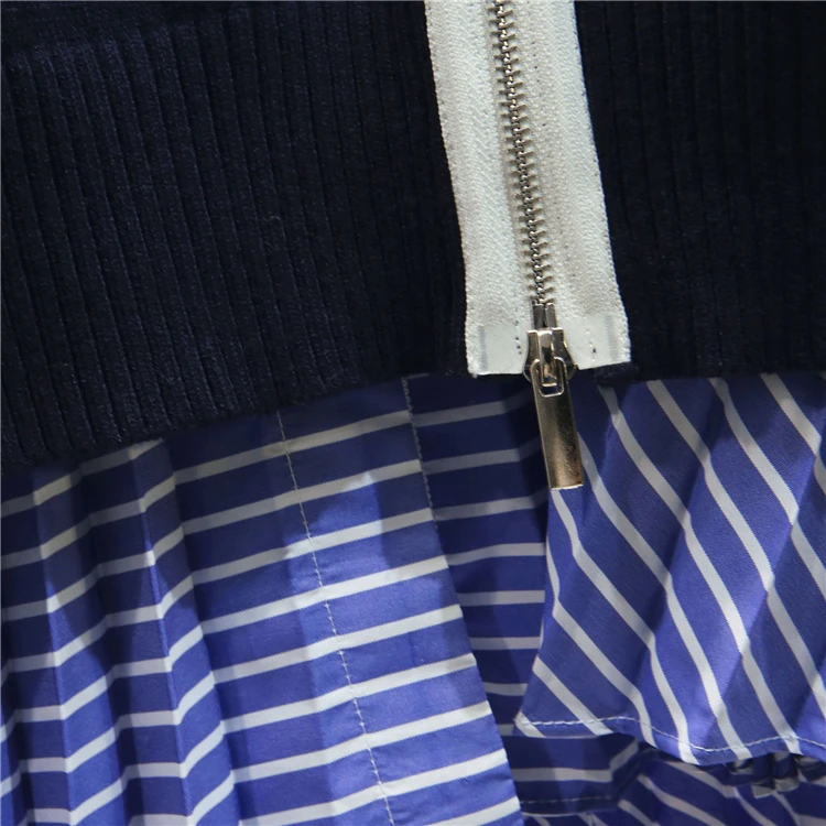 Свитер на молнии+ синяя рубашка в полоску Женская Новинка Осень Зима Толстая Свободная верхняя одежда Ретро Свитера Топ Femme комплект из двух предметов