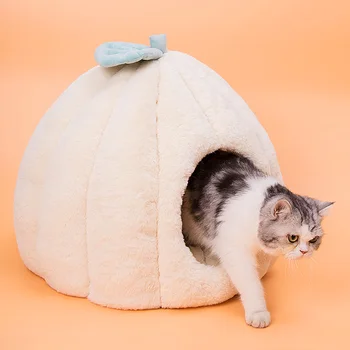 

Cute Winter Warm Cat Nest Pumpkin Shape Pet Dog Plush House Cave for Kitten Puppy Sleeping Bed Indoor Collapsible Warm Cushion