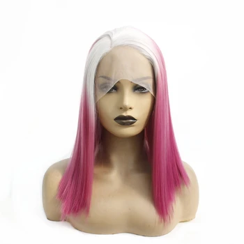 

New Style Silver Gray Ombre Pink Color Short Bob Glueless Synthetic Lace Front Wigs Heat Resistant Straight Hair For Women