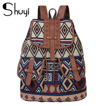 

SHUYI Female school bag retro ethnic style women's backpack bohemian pattern ladies bag cotton and linen fashion travel backpack