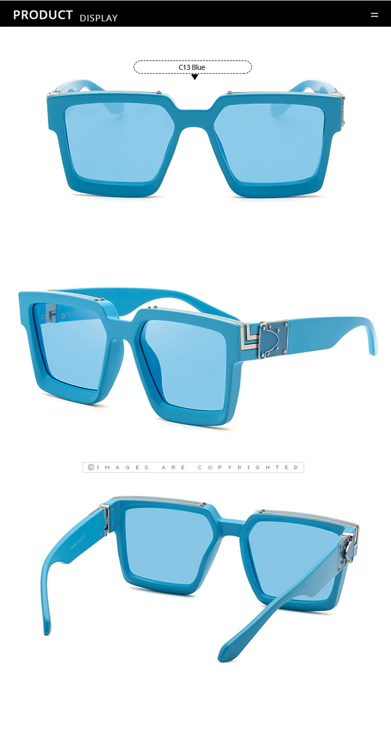 The product offers three perspectives of Oversized Sunglasses for Men and Women in a vibrant blue color, featuring square frames and tinted lenses. The top image presents a front view, the middle image accentuates the retro designer-inspired thick frame, and the bottom showcases the arms and hinges. All components are equipped with UV400 protection to ensure ultimate eye safety.