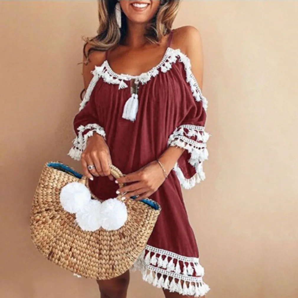 bikini cover 2021 Beach Dress Women Off Shoulder Dress Tassel Short Cocktail Party Beach Dresses Sundress Sexy Vestidos Playa Robe De Plage womens bathing suit cover up