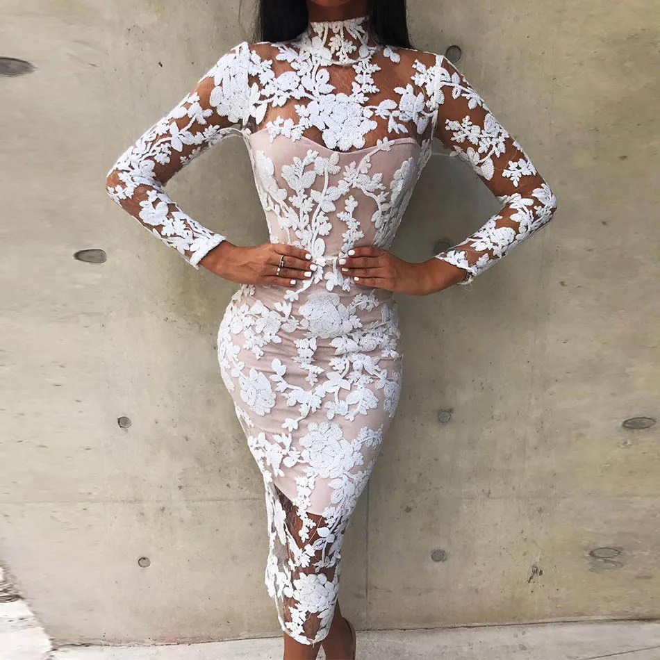 Новое поступление Бандажное платье женское с длинным рукавом водолазка вышивка