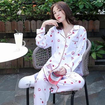 

2020 Viscose Satin Long-sleeved Pajamas Women's Summer Strawberry Cherry Print Cute Home Service Suit Pyjama Femme Sexy Pyjamas