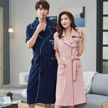 

Couple's night robe soft thin knitted cotton plus size night dress women's night gown men's robe