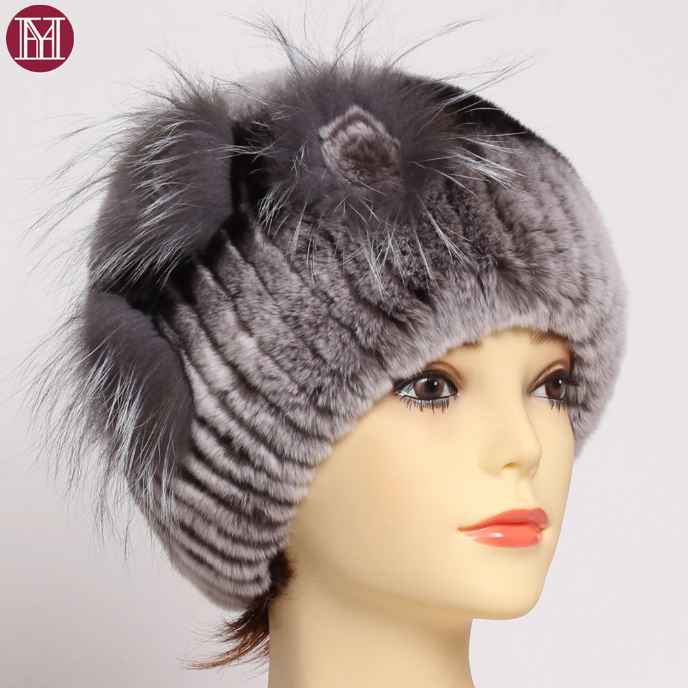 Gorro De Invierno Para Mujer De Punto Con Visón Auténtico - Elástico, Con Pompón - Colores Negro, Rojo Vino, Marrón - Talla Única