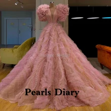 Арабское, расшитое бисером, розовое вечернее платье, пышное облако, Многоуровневое платье для выпускного вечера, кафтаны, исламские пышные платья с v-образным вырезом на заказ, Robe De Soiree